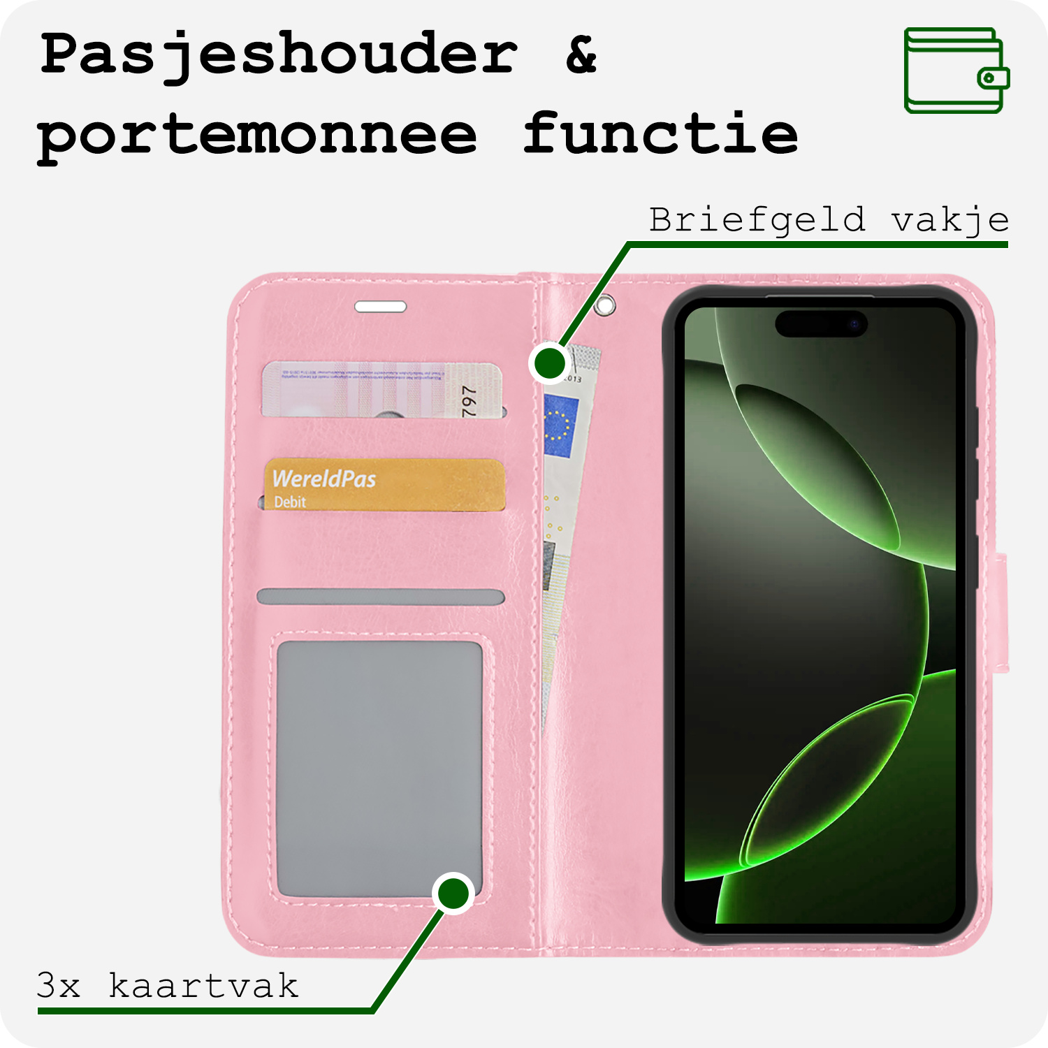 BASEY. Hoes Geschikt voor iPhone 16 Pro Hoesje Bookcase Hoes Flip Case Book Cover Met Screenprotector - Hoesje Geschikt voor iPhone 16 Pro Hoes Book Case Hoesje - Lichtroze