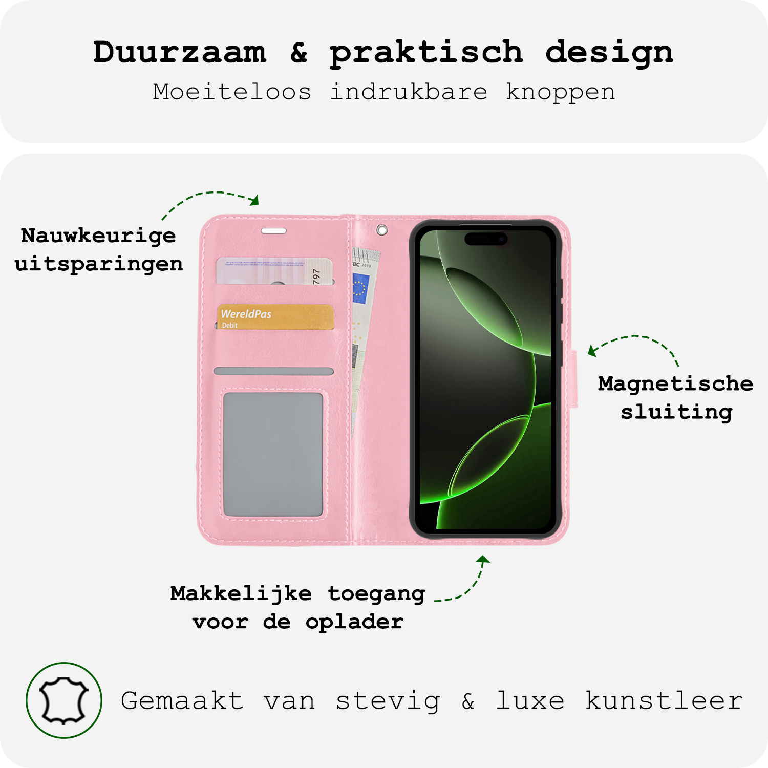 BASEY. Hoes Geschikt voor iPhone 16 Pro Hoesje Bookcase Hoes Flip Case Book Cover Met Screenprotector - Hoesje Geschikt voor iPhone 16 Pro Hoes Book Case Hoesje - Lichtroze