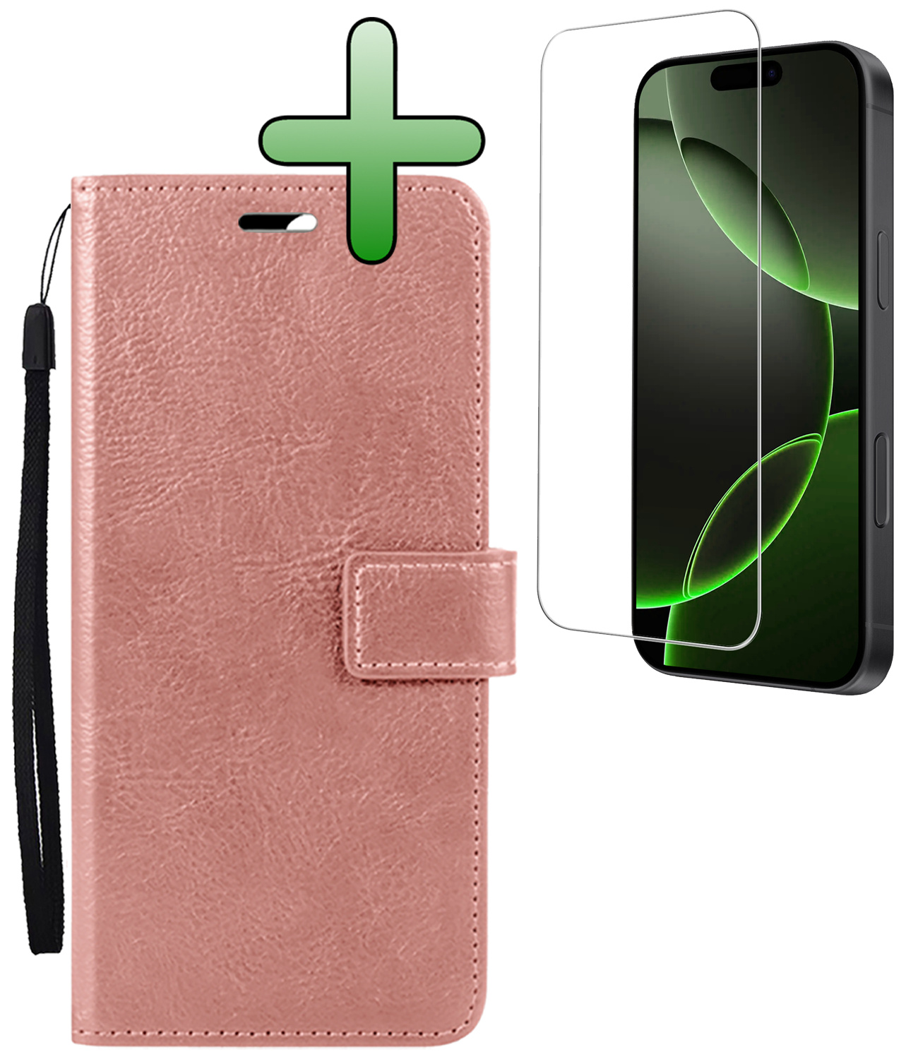 BASEY. Hoes Geschikt voor iPhone 16 Pro Hoesje Bookcase Hoes Flip Case Book Cover Met Screenprotector - Hoesje Geschikt voor iPhone 16 Pro Hoes Book Case Hoesje - Rosé goud