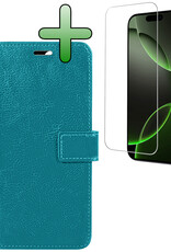 BASEY. Hoes Geschikt voor iPhone 16 Pro Hoesje Bookcase Hoes Flip Case Book Cover Met Screenprotector - Hoesje Geschikt voor iPhone 16 Pro Hoes Book Case Hoesje - Turquoise