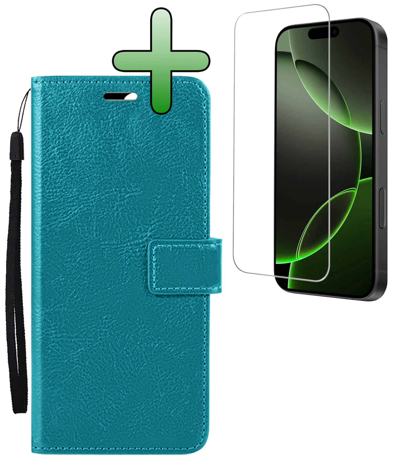 BASEY. Hoes Geschikt voor iPhone 16 Pro Hoesje Bookcase Hoes Flip Case Book Cover Met Screenprotector - Hoesje Geschikt voor iPhone 16 Pro Hoes Book Case Hoesje - Turquoise