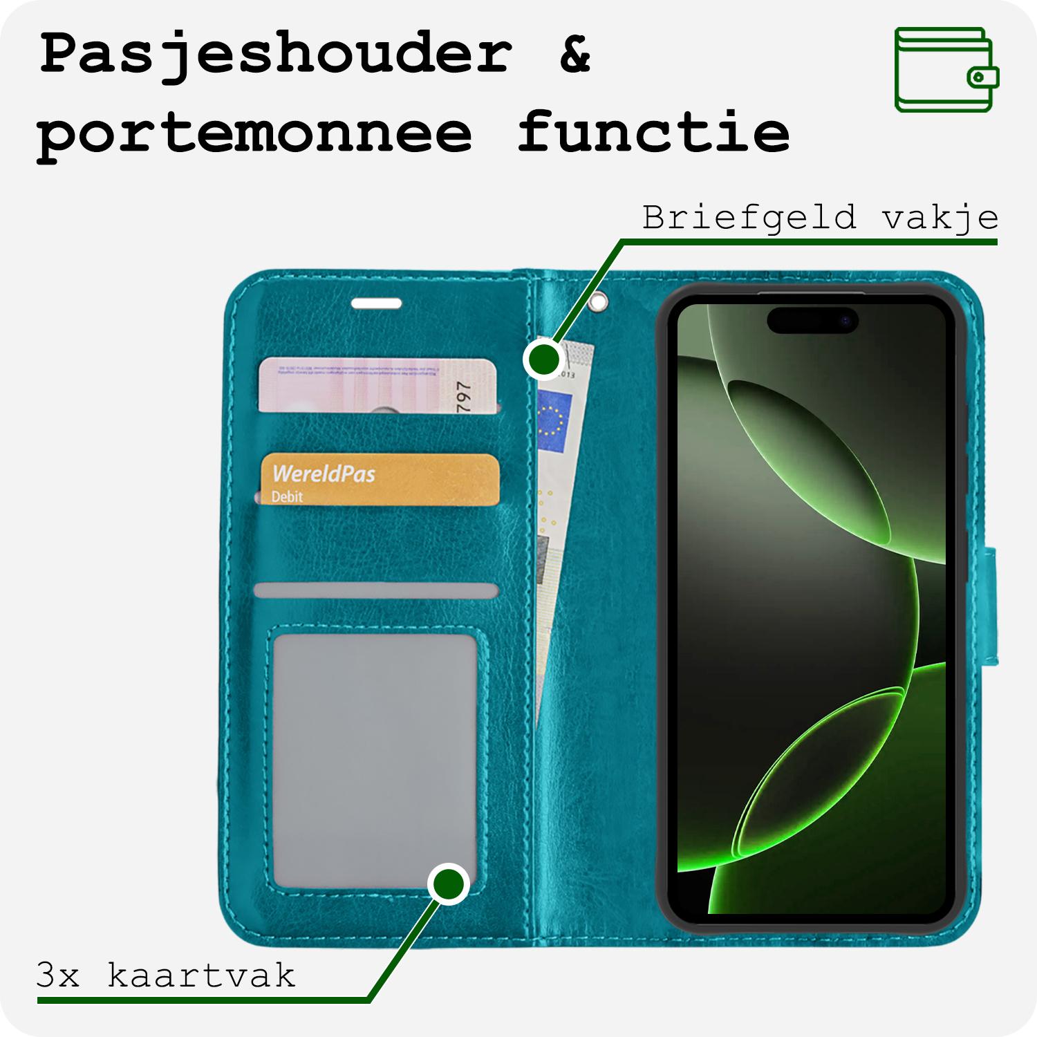 BASEY. Hoes Geschikt voor iPhone 16 Pro Hoesje Bookcase Hoes Flip Case Book Cover Met Screenprotector - Hoesje Geschikt voor iPhone 16 Pro Hoes Book Case Hoesje - Turquoise
