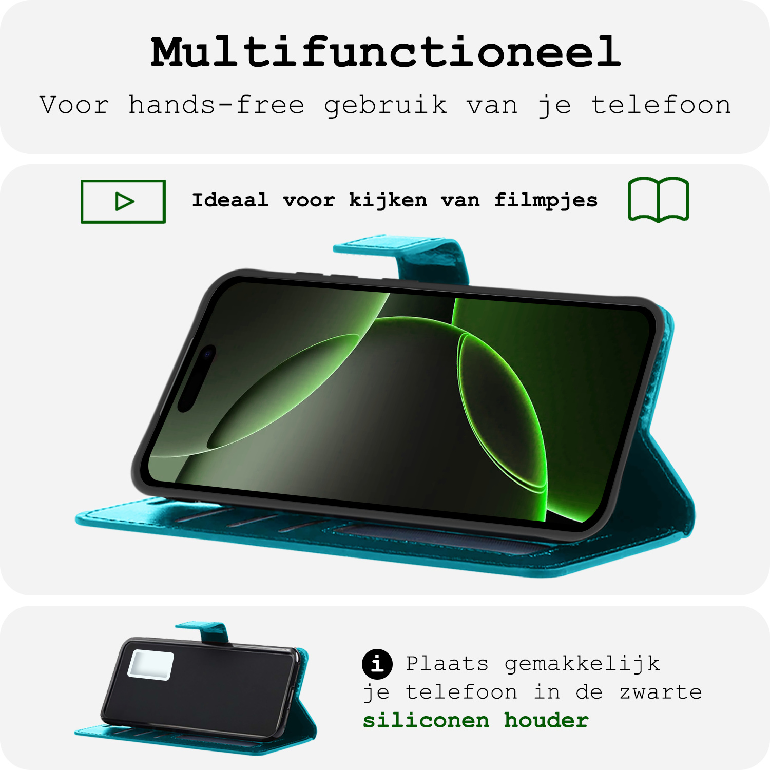 BASEY. Hoes Geschikt voor iPhone 16 Pro Hoesje Bookcase Hoes Flip Case Book Cover Met Screenprotector - Hoesje Geschikt voor iPhone 16 Pro Hoes Book Case Hoesje - Turquoise