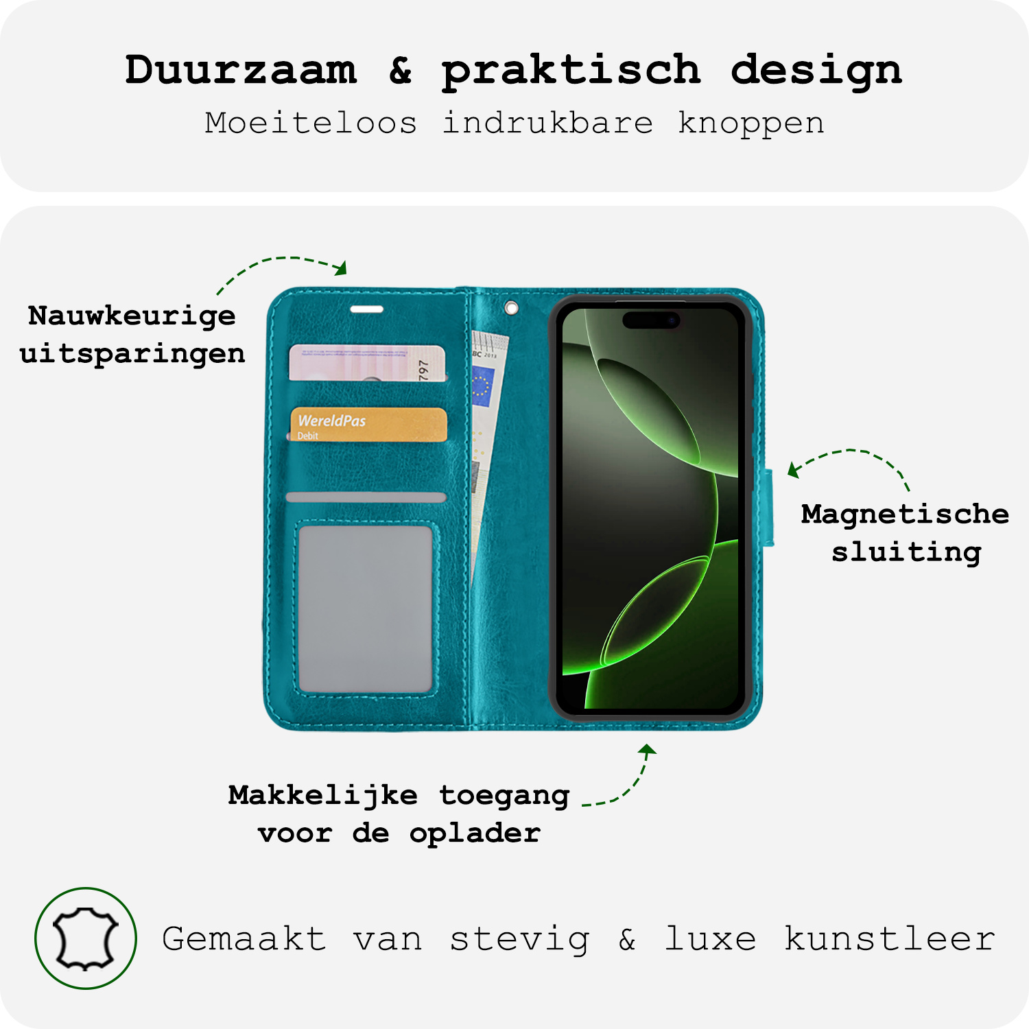 BASEY. Hoes Geschikt voor iPhone 16 Pro Hoesje Bookcase Hoes Flip Case Book Cover Met Screenprotector - Hoesje Geschikt voor iPhone 16 Pro Hoes Book Case Hoesje - Turquoise