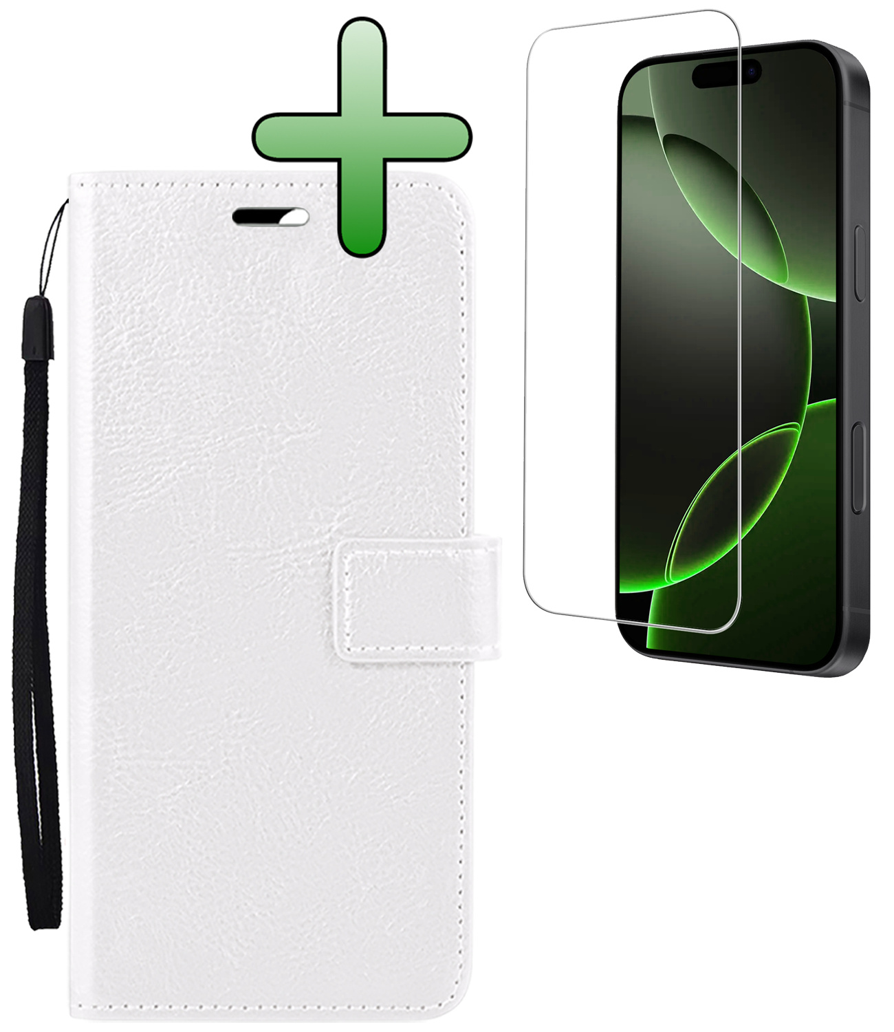 BASEY. Hoes Geschikt voor iPhone 16 Pro Hoesje Bookcase Hoes Flip Case Book Cover Met Screenprotector - Hoesje Geschikt voor iPhone 16 Pro Hoes Book Case Hoesje - Wit