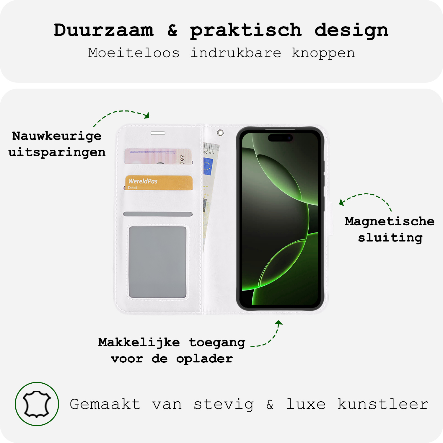 BASEY. Hoes Geschikt voor iPhone 16 Pro Hoesje Bookcase Hoes Flip Case Book Cover Met Screenprotector - Hoesje Geschikt voor iPhone 16 Pro Hoes Book Case Hoesje - Wit