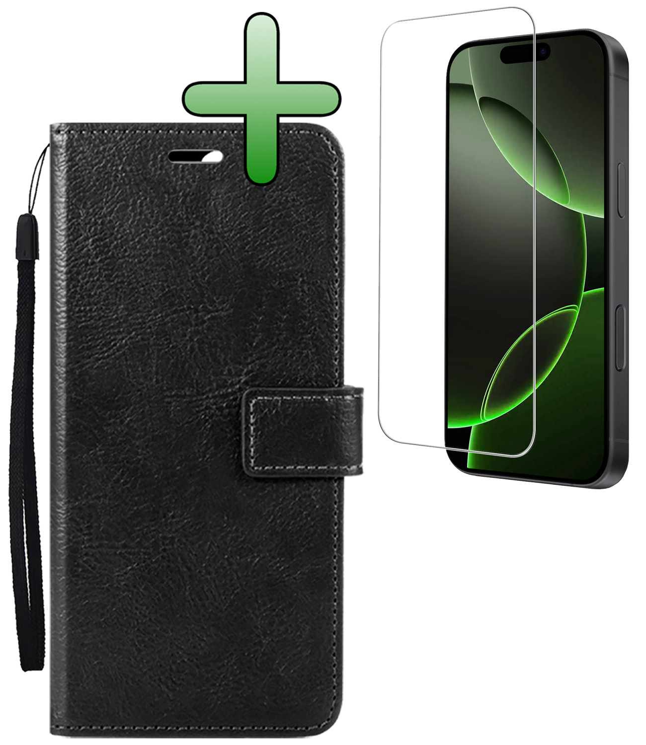 BASEY. Hoes Geschikt voor iPhone 16 Pro Hoesje Bookcase Hoes Flip Case Book Cover Met Screenprotector - Hoesje Geschikt voor iPhone 16 Pro Hoes Book Case Hoesje - Zwart