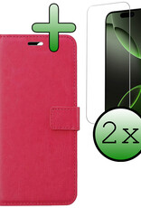 BASEY. Hoes Geschikt voor iPhone 16 Pro Hoesje Bookcase Hoes Flip Case Book Cover Met 2x Screenprotector - Hoesje Geschikt voor iPhone 16 Pro Hoes Book Case Hoesje - Donkerroze