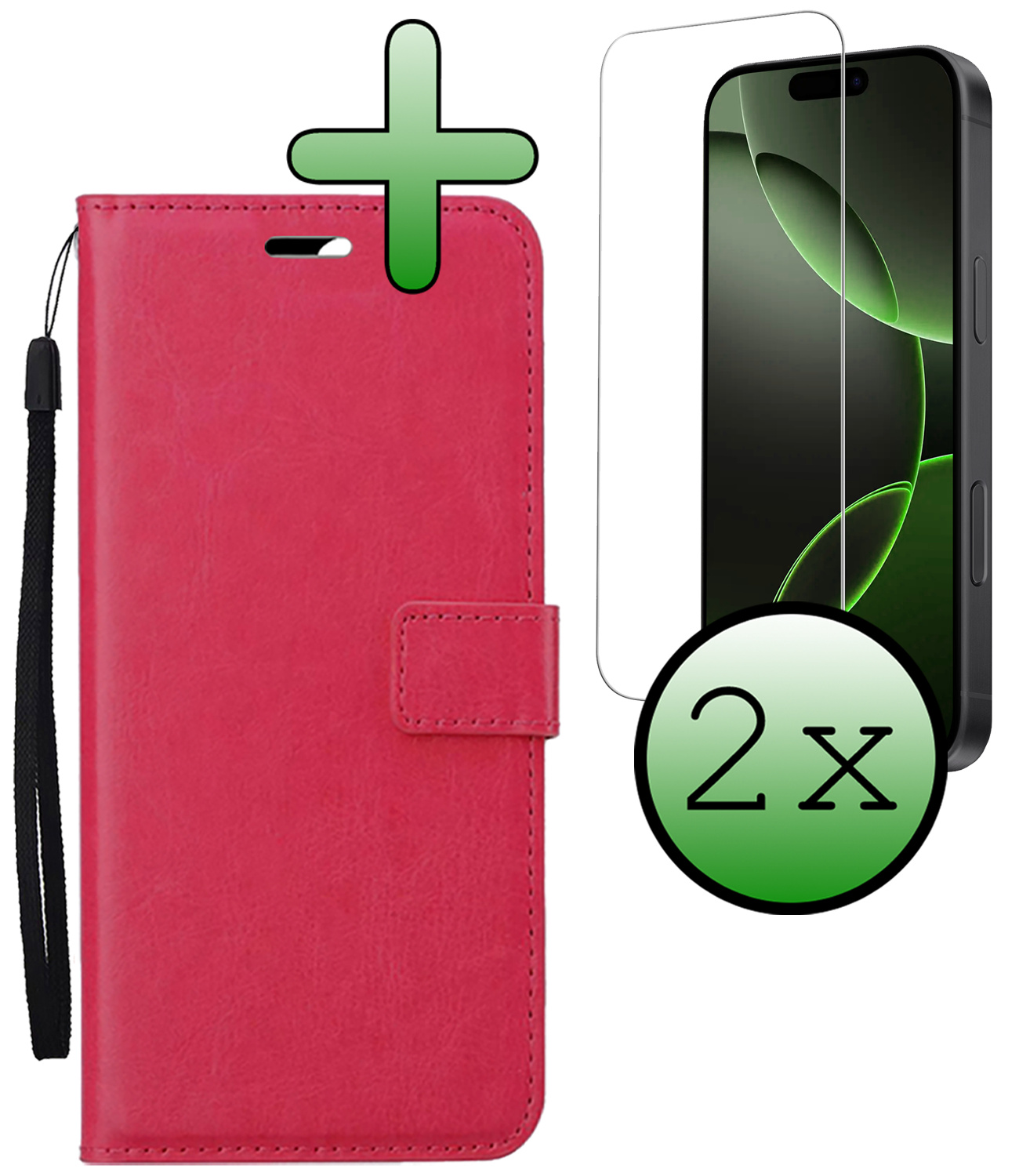 BASEY. Hoes Geschikt voor iPhone 16 Pro Hoesje Bookcase Hoes Flip Case Book Cover Met 2x Screenprotector - Hoesje Geschikt voor iPhone 16 Pro Hoes Book Case Hoesje - Donkerroze