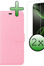 BASEY. Hoes Geschikt voor iPhone 16 Pro Hoesje Bookcase Hoes Flip Case Book Cover Met 2x Screenprotector - Hoesje Geschikt voor iPhone 16 Pro Hoes Book Case Hoesje - Lichtroze