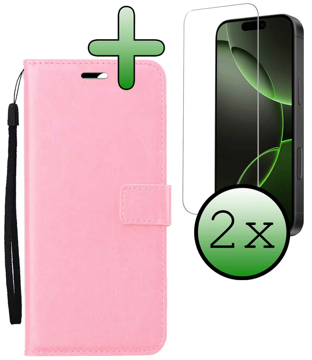 BASEY. Hoes Geschikt voor iPhone 16 Pro Hoesje Bookcase Hoes Flip Case Book Cover Met 2x Screenprotector - Hoesje Geschikt voor iPhone 16 Pro Hoes Book Case Hoesje - Lichtroze