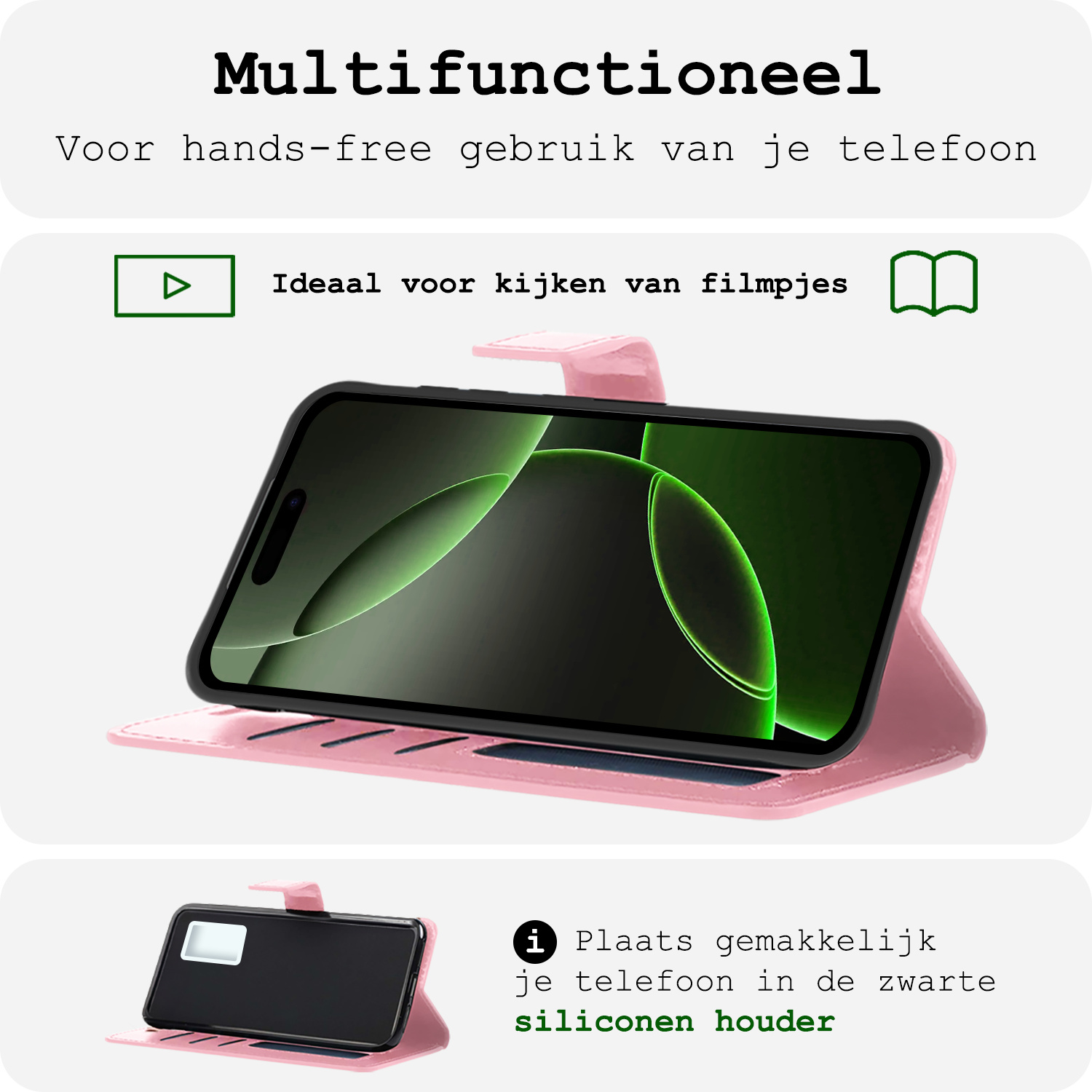 BASEY. Hoes Geschikt voor iPhone 16 Pro Hoesje Bookcase Hoes Flip Case Book Cover Met 2x Screenprotector - Hoesje Geschikt voor iPhone 16 Pro Hoes Book Case Hoesje - Lichtroze