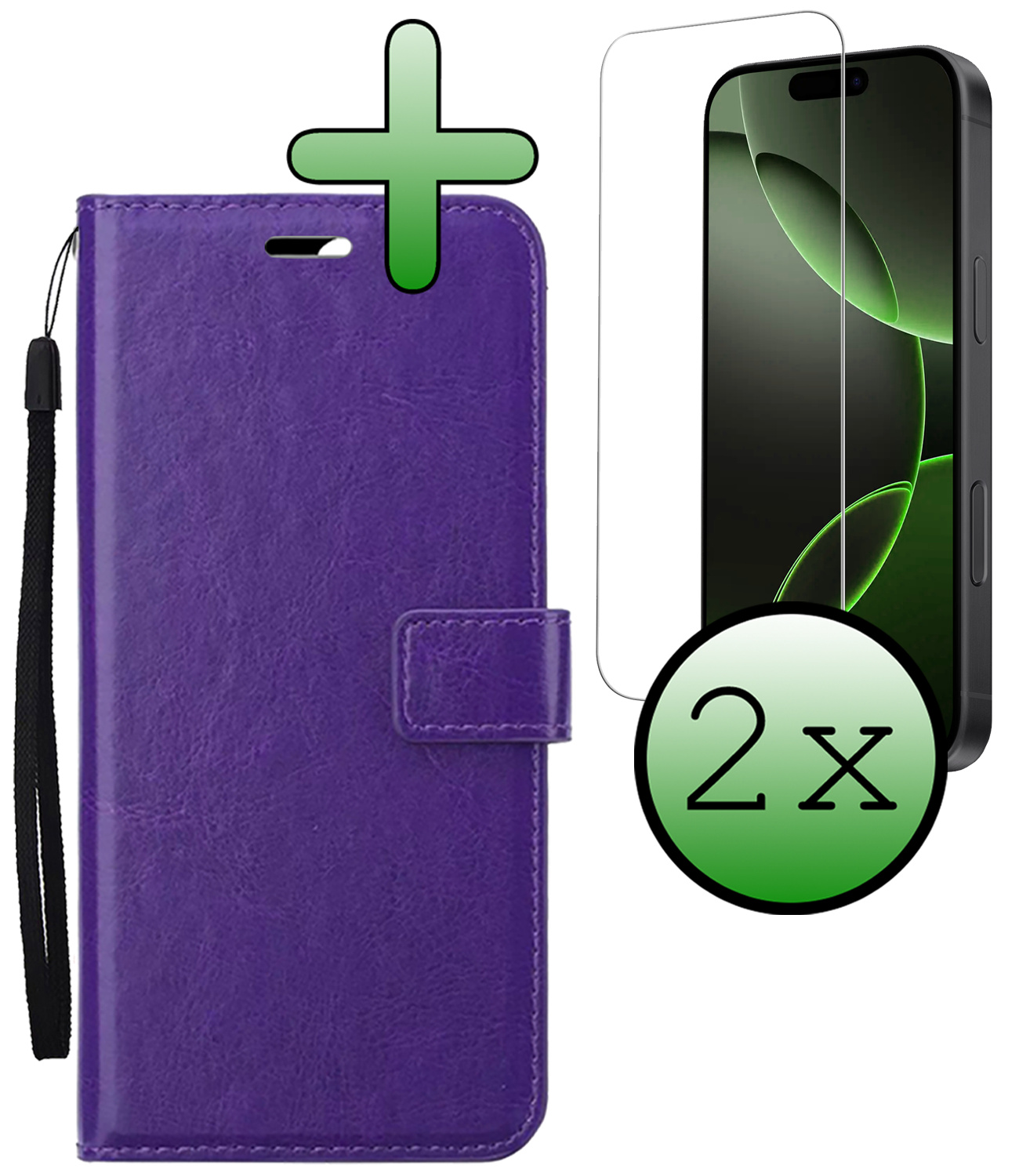 BASEY. Hoes Geschikt voor iPhone 16 Pro Hoesje Bookcase Hoes Flip Case Book Cover Met 2x Screenprotector - Hoesje Geschikt voor iPhone 16 Pro Hoes Book Case Hoesje - Paars