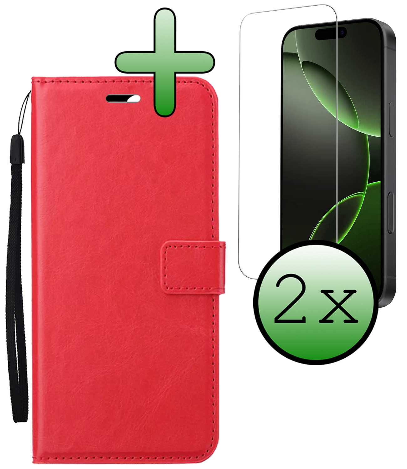 BASEY. Hoes Geschikt voor iPhone 16 Pro Hoesje Bookcase Hoes Flip Case Book Cover Met 2x Screenprotector - Hoesje Geschikt voor iPhone 16 Pro Hoes Book Case Hoesje - Rood