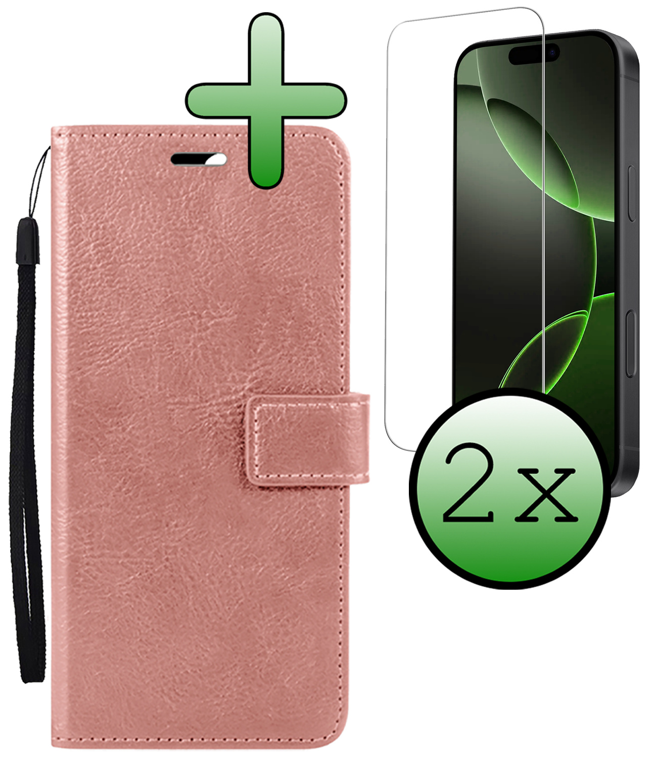 BASEY. Hoes Geschikt voor iPhone 16 Pro Hoesje Bookcase Hoes Flip Case Book Cover Met 2x Screenprotector - Hoesje Geschikt voor iPhone 16 Pro Hoes Book Case Hoesje - Rosé goud