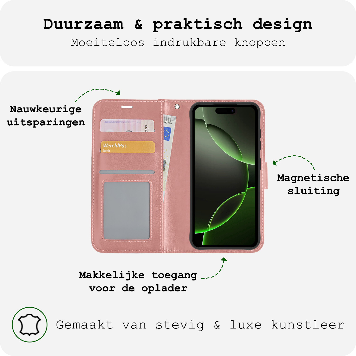 BASEY. Hoes Geschikt voor iPhone 16 Pro Hoesje Bookcase Hoes Flip Case Book Cover Met 2x Screenprotector - Hoesje Geschikt voor iPhone 16 Pro Hoes Book Case Hoesje - Rosé goud