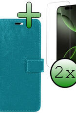BASEY. Hoes Geschikt voor iPhone 16 Pro Hoesje Bookcase Hoes Flip Case Book Cover Met 2x Screenprotector - Hoesje Geschikt voor iPhone 16 Pro Hoes Book Case Hoesje - Turquoise