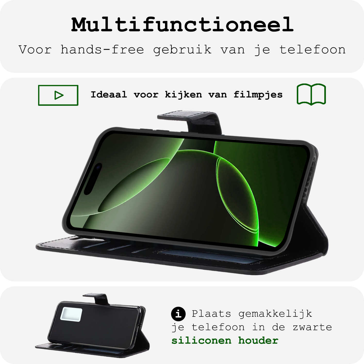 BASEY. Hoes Geschikt voor iPhone 16 Pro Hoesje Bookcase Hoes Flip Case Book Cover Met 2x Screenprotector - Hoesje Geschikt voor iPhone 16 Pro Hoes Book Case Hoesje - Zwart