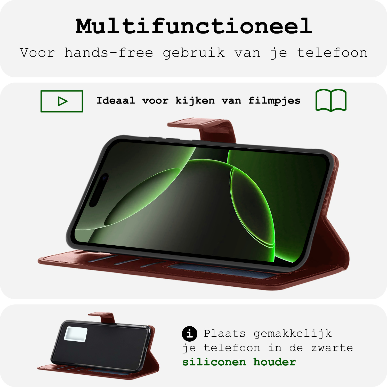 BASEY. Hoes Geschikt voor iPhone 16 Pro Max Hoesje Bookcase Hoes Flip Case Book Cover - Hoesje Geschikt voor iPhone 16 Pro Max Hoes Book Case Hoesje - Bruin