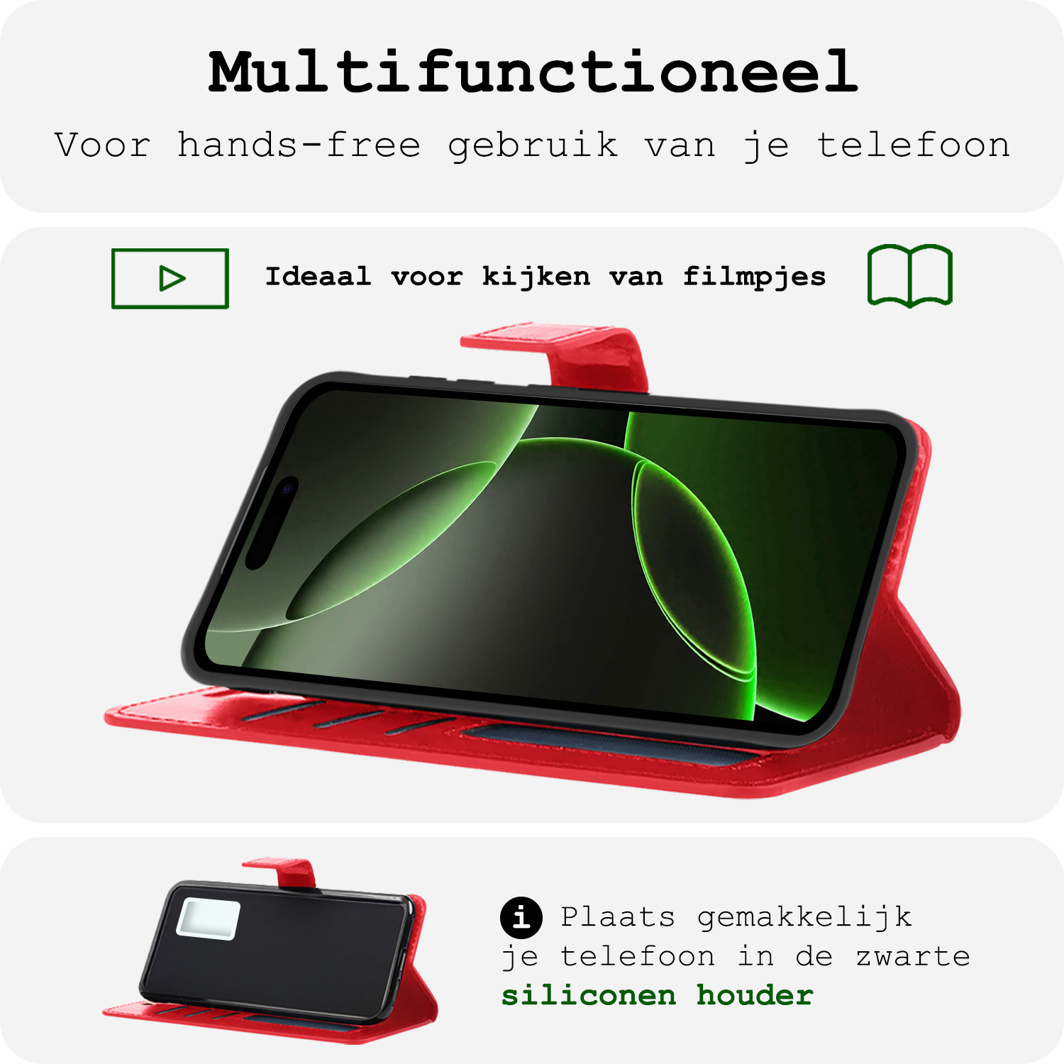 BASEY. Hoes Geschikt voor iPhone 16 Pro Max Hoesje Bookcase Hoes Flip Case Book Cover - Hoesje Geschikt voor iPhone 16 Pro Max Hoes Book Case Hoesje - Rood