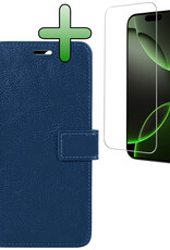 BASEY. Hoes Geschikt voor iPhone 16 Pro Max Hoesje Bookcase Hoes Flip Case Book Cover Met Screenprotector - Hoesje Geschikt voor iPhone 16 Pro Max Hoes Book Case Hoesje - Donkerblauw