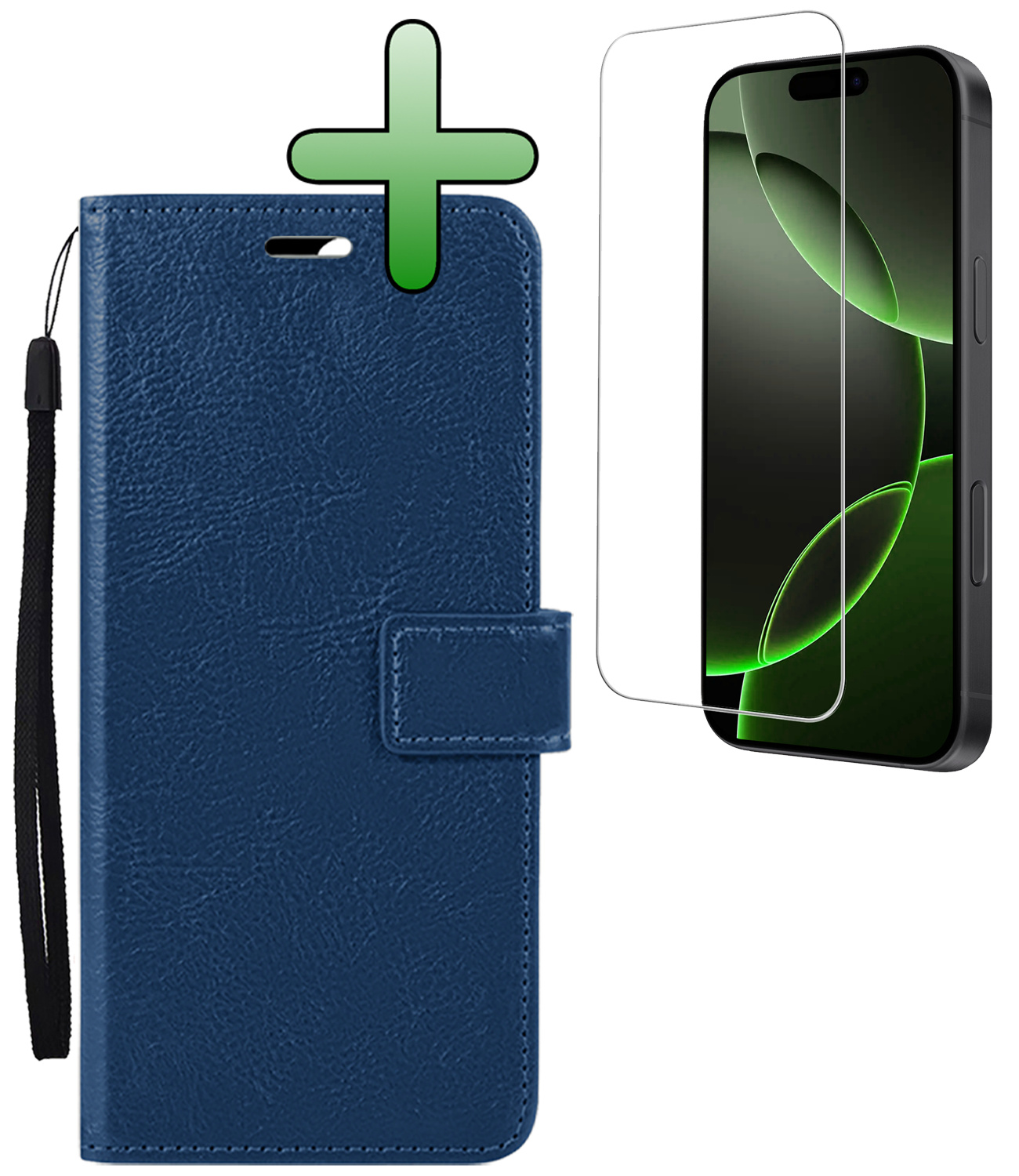 BASEY. Hoes Geschikt voor iPhone 16 Pro Max Hoesje Bookcase Hoes Flip Case Book Cover Met Screenprotector - Hoesje Geschikt voor iPhone 16 Pro Max Hoes Book Case Hoesje - Donkerblauw