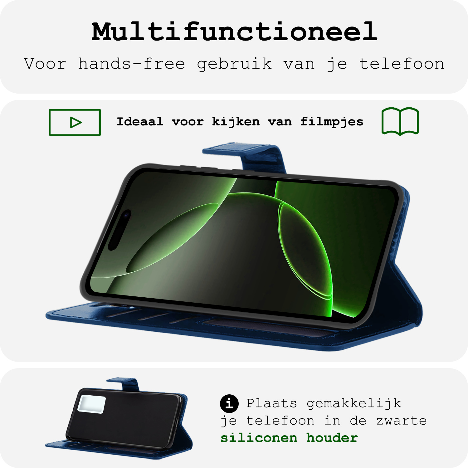 BASEY. Hoes Geschikt voor iPhone 16 Pro Max Hoesje Bookcase Hoes Flip Case Book Cover Met Screenprotector - Hoesje Geschikt voor iPhone 16 Pro Max Hoes Book Case Hoesje - Donkerblauw