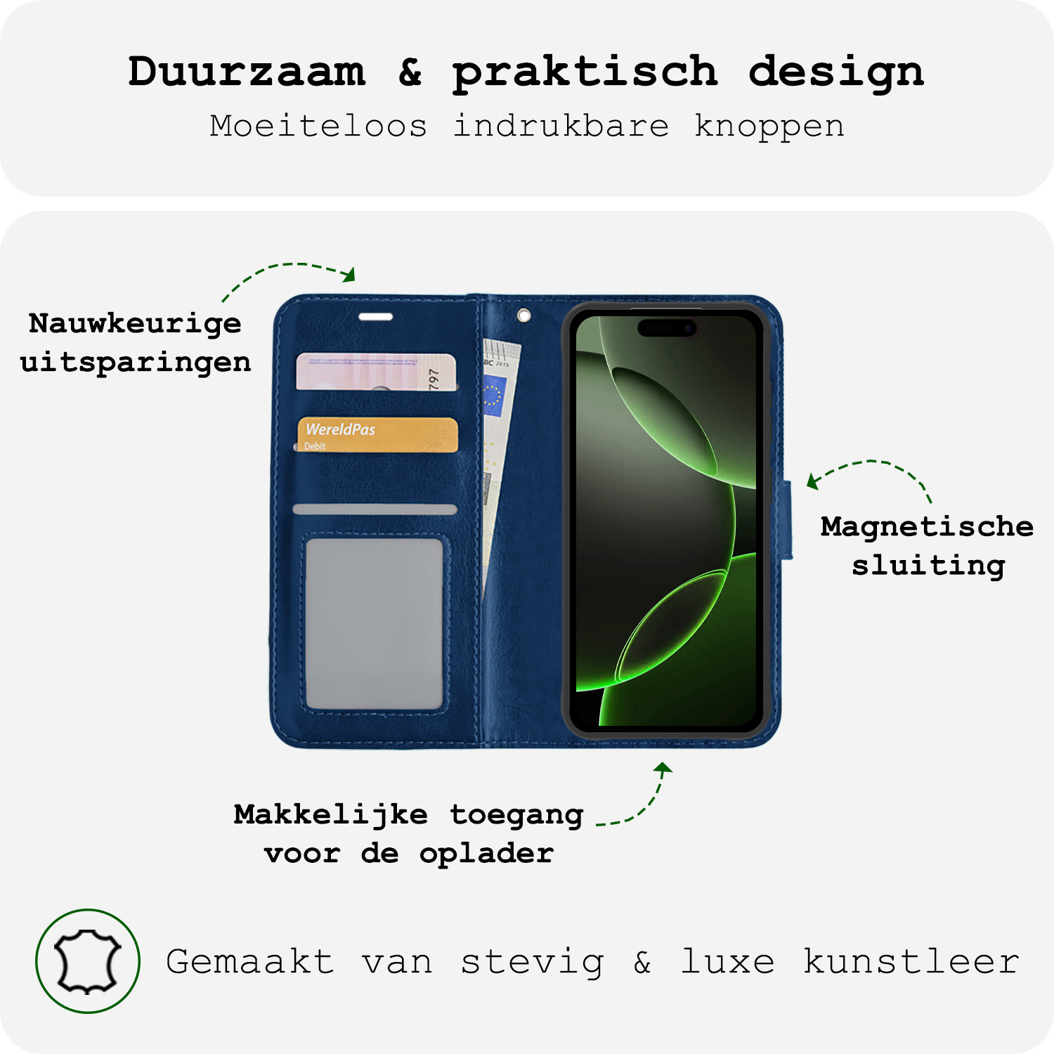 BASEY. Hoes Geschikt voor iPhone 16 Pro Max Hoesje Bookcase Hoes Flip Case Book Cover Met Screenprotector - Hoesje Geschikt voor iPhone 16 Pro Max Hoes Book Case Hoesje - Donkerblauw