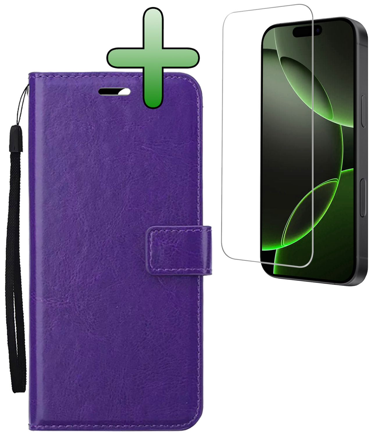 BASEY. Hoes Geschikt voor iPhone 16 Pro Max Hoesje Bookcase Hoes Flip Case Book Cover Met Screenprotector - Hoesje Geschikt voor iPhone 16 Pro Max Hoes Book Case Hoesje - Paars