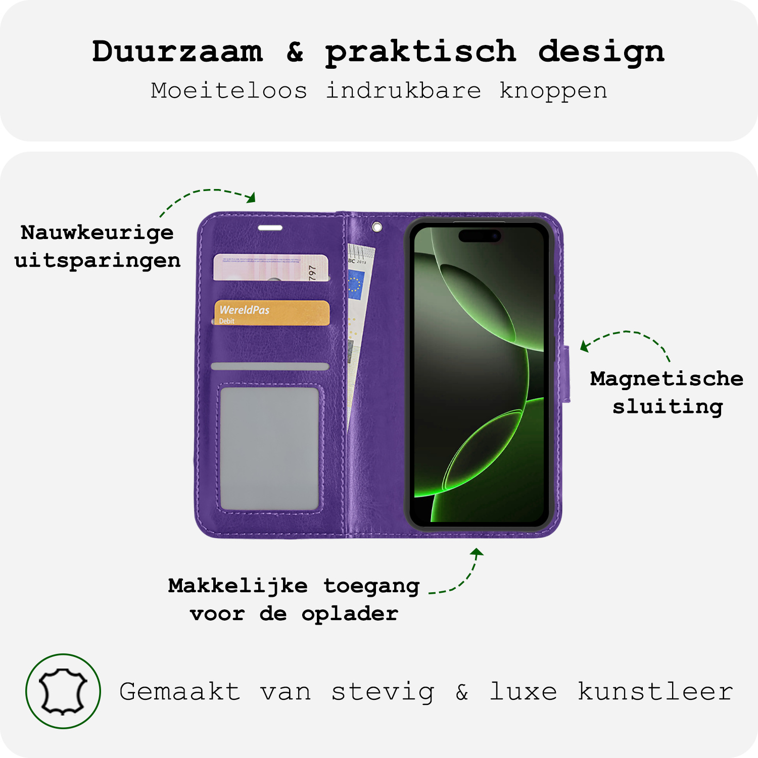 BASEY. Hoes Geschikt voor iPhone 16 Pro Max Hoesje Bookcase Hoes Flip Case Book Cover Met Screenprotector - Hoesje Geschikt voor iPhone 16 Pro Max Hoes Book Case Hoesje - Paars