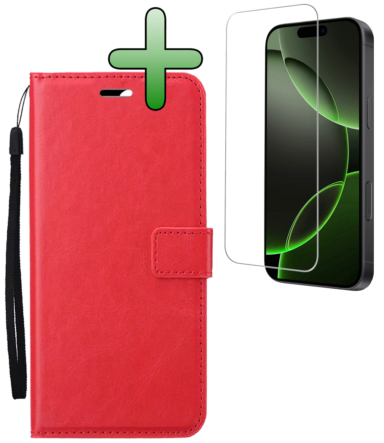 BASEY. Hoes Geschikt voor iPhone 16 Pro Max Hoesje Bookcase Hoes Flip Case Book Cover Met Screenprotector - Hoesje Geschikt voor iPhone 16 Pro Max Hoes Book Case Hoesje - Rood
