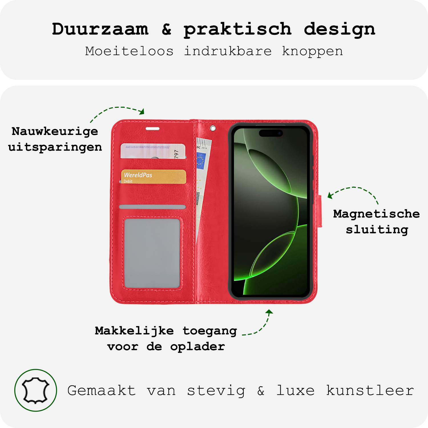 BASEY. Hoes Geschikt voor iPhone 16 Pro Max Hoesje Bookcase Hoes Flip Case Book Cover Met Screenprotector - Hoesje Geschikt voor iPhone 16 Pro Max Hoes Book Case Hoesje - Rood