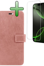 BASEY. Hoes Geschikt voor iPhone 16 Pro Max Hoesje Bookcase Hoes Flip Case Book Cover Met Screenprotector - Hoesje Geschikt voor iPhone 16 Pro Max Hoes Book Case Hoesje - Rosé goud