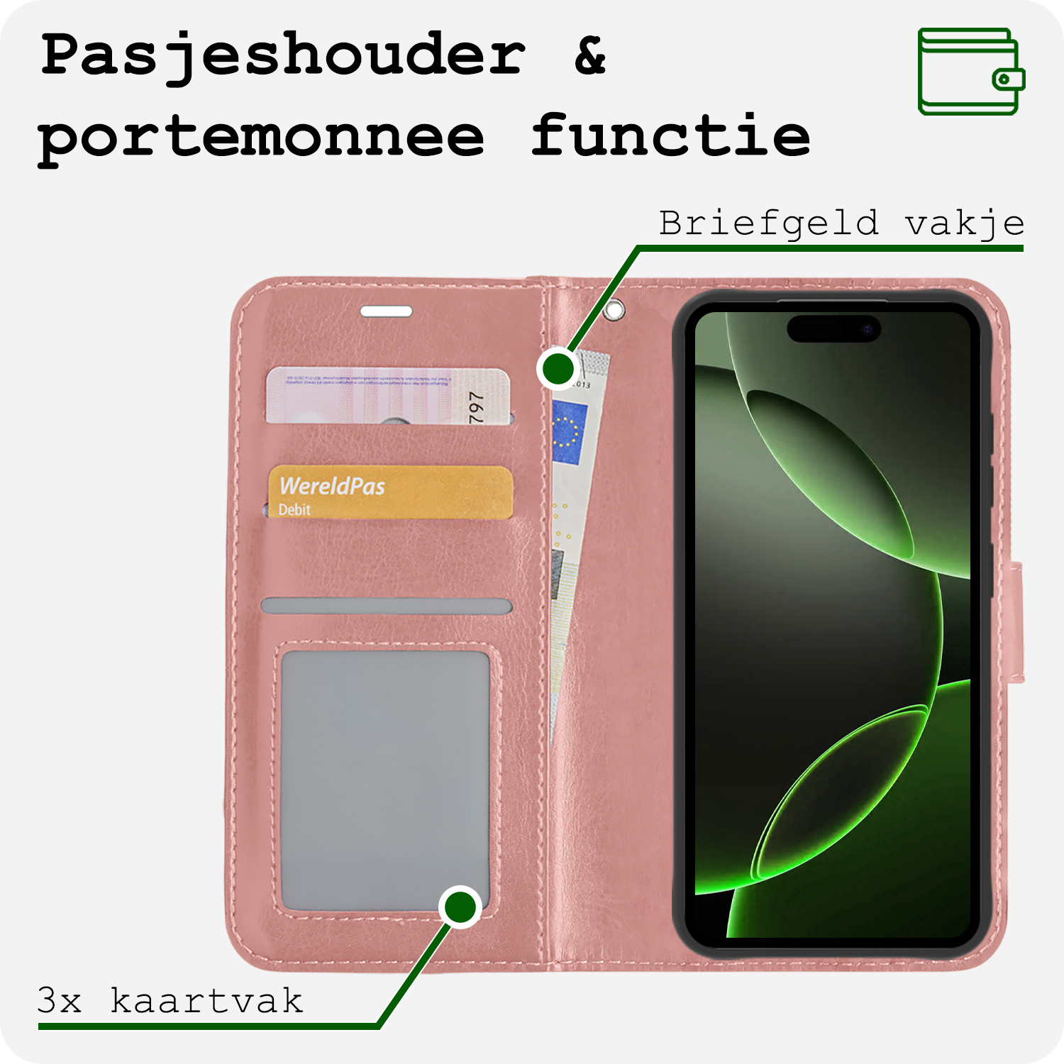 BASEY. Hoes Geschikt voor iPhone 16 Pro Max Hoesje Bookcase Hoes Flip Case Book Cover Met Screenprotector - Hoesje Geschikt voor iPhone 16 Pro Max Hoes Book Case Hoesje - Rosé goud