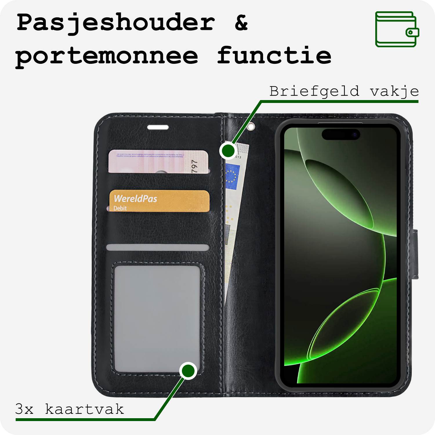 BASEY. Hoes Geschikt voor iPhone 16 Pro Max Hoesje Bookcase Hoes Flip Case Book Cover Met Screenprotector - Hoesje Geschikt voor iPhone 16 Pro Max Hoes Book Case Hoesje - Zwart