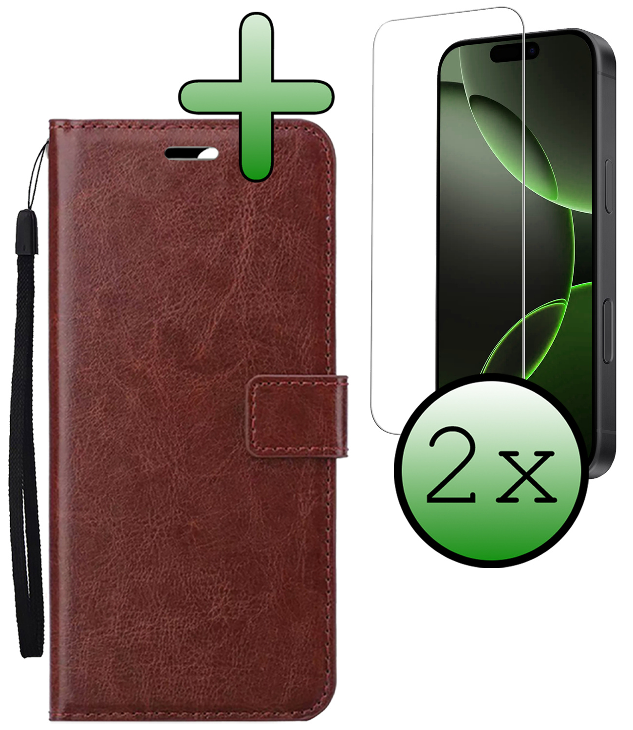 BASEY. Hoes Geschikt voor iPhone 16 Pro Max Hoesje Bookcase Hoes Flip Case Book Cover Met 2x Screenprotector - Hoesje Geschikt voor iPhone 16 Pro Max Hoes Book Case Hoesje - Bruin