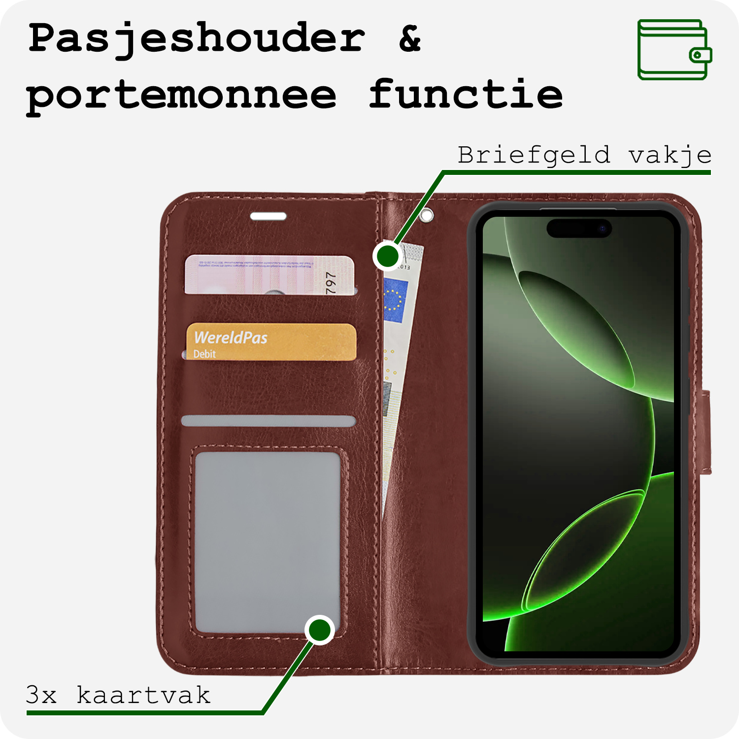 BASEY. Hoes Geschikt voor iPhone 16 Pro Max Hoesje Bookcase Hoes Flip Case Book Cover Met 2x Screenprotector - Hoesje Geschikt voor iPhone 16 Pro Max Hoes Book Case Hoesje - Bruin