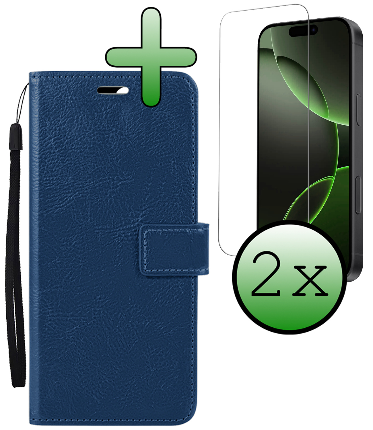 BASEY. Hoes Geschikt voor iPhone 16 Pro Max Hoesje Bookcase Hoes Flip Case Book Cover Met 2x Screenprotector - Hoesje Geschikt voor iPhone 16 Pro Max Hoes Book Case Hoesje - Donkerblauw