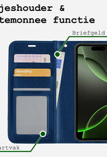 BASEY. Hoes Geschikt voor iPhone 16 Pro Max Hoesje Bookcase Hoes Flip Case Book Cover Met 2x Screenprotector - Hoesje Geschikt voor iPhone 16 Pro Max Hoes Book Case Hoesje - Donkerblauw