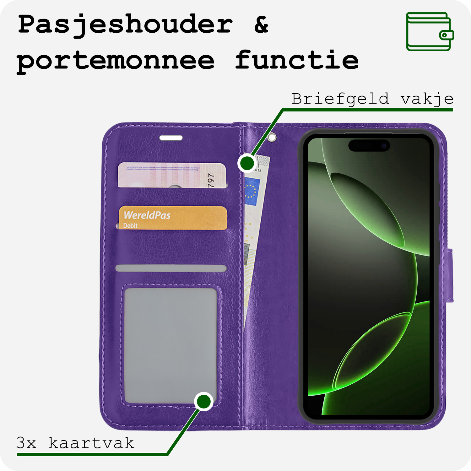 BASEY. Hoes Geschikt voor iPhone 16 Pro Max Hoesje Bookcase Hoes Flip Case Book Cover Met 2x Screenprotector - Hoesje Geschikt voor iPhone 16 Pro Max Hoes Book Case Hoesje - Paars