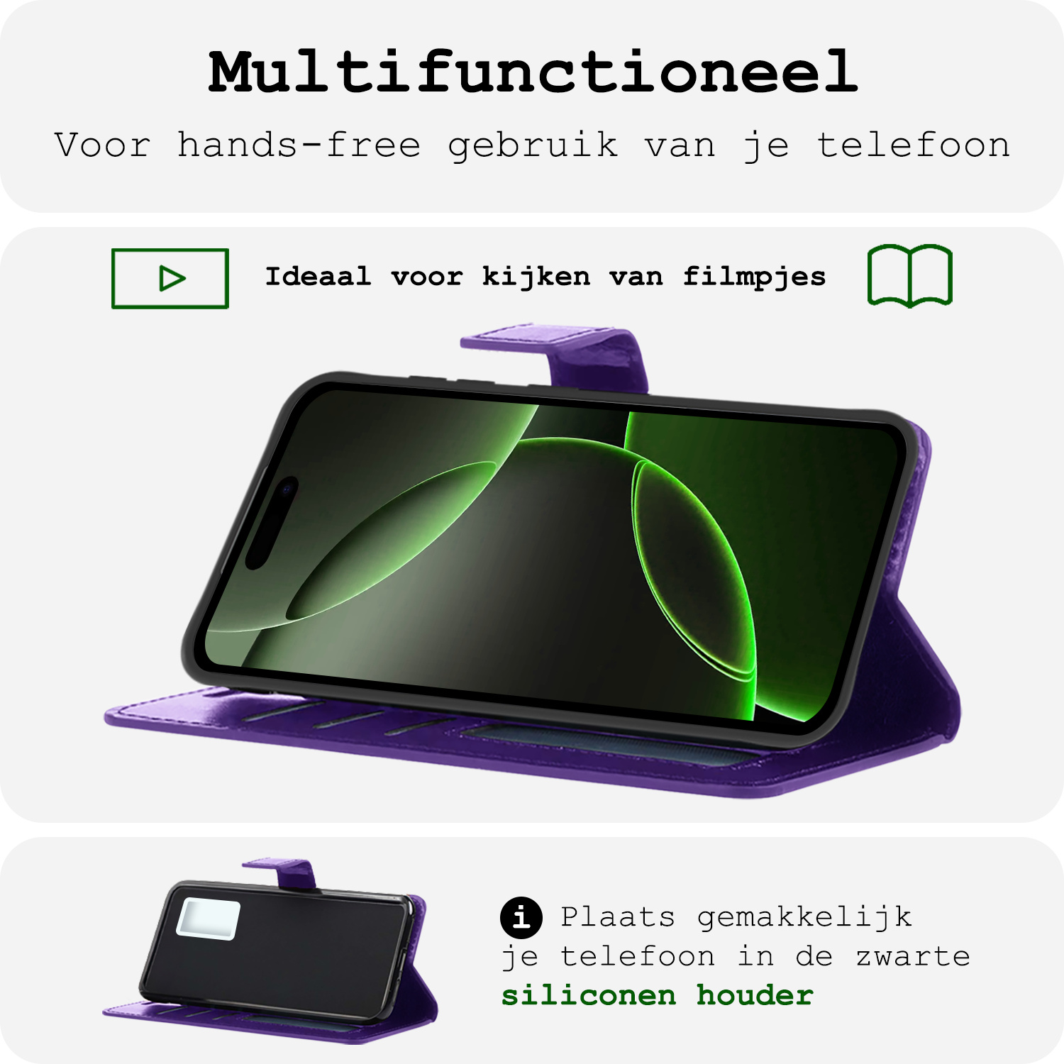 BASEY. Hoes Geschikt voor iPhone 16 Pro Max Hoesje Bookcase Hoes Flip Case Book Cover Met 2x Screenprotector - Hoesje Geschikt voor iPhone 16 Pro Max Hoes Book Case Hoesje - Paars