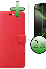 BASEY. Hoes Geschikt voor iPhone 16 Pro Max Hoesje Bookcase Hoes Flip Case Book Cover Met 2x Screenprotector - Hoesje Geschikt voor iPhone 16 Pro Max Hoes Book Case Hoesje - Rood