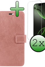 BASEY. Hoes Geschikt voor iPhone 16 Pro Max Hoesje Bookcase Hoes Flip Case Book Cover Met 2x Screenprotector - Hoesje Geschikt voor iPhone 16 Pro Max Hoes Book Case Hoesje - Rosé goud