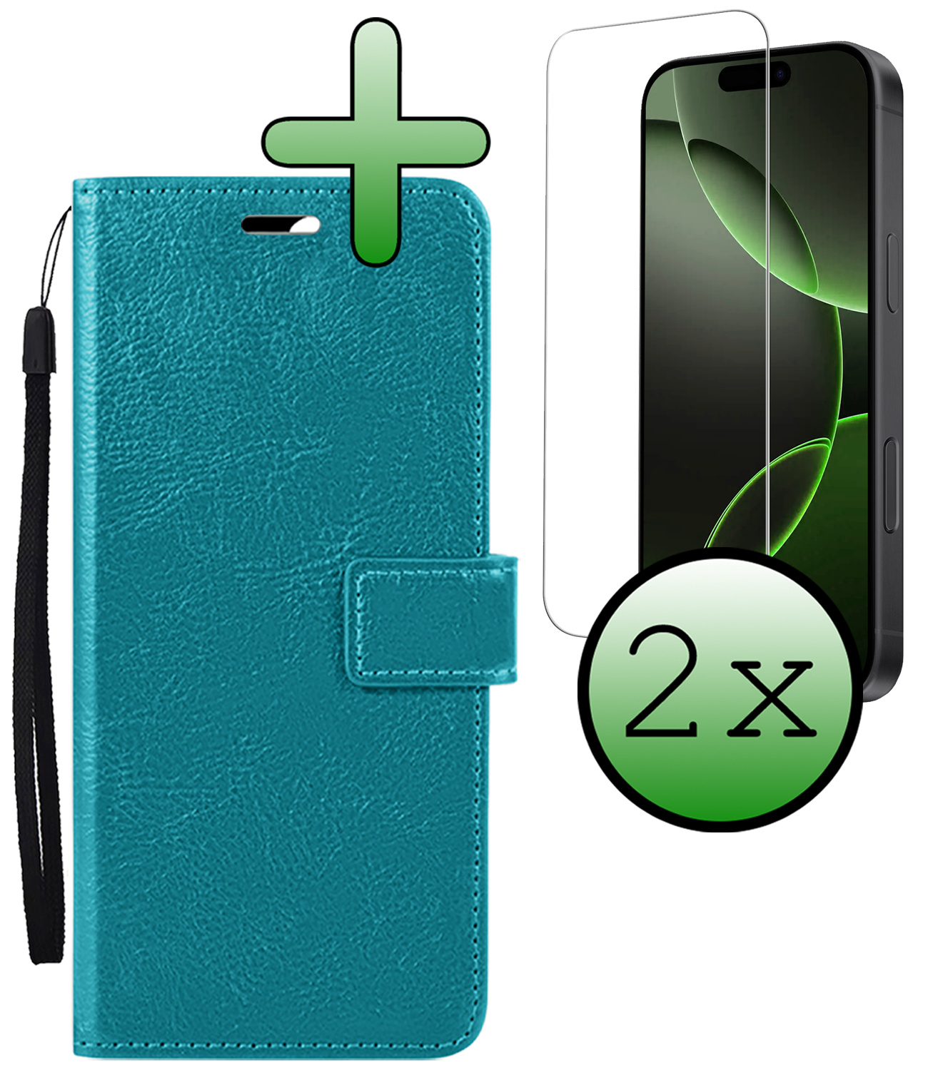 BASEY. Hoes Geschikt voor iPhone 16 Pro Max Hoesje Bookcase Hoes Flip Case Book Cover Met 2x Screenprotector - Hoesje Geschikt voor iPhone 16 Pro Max Hoes Book Case Hoesje - Turquoise