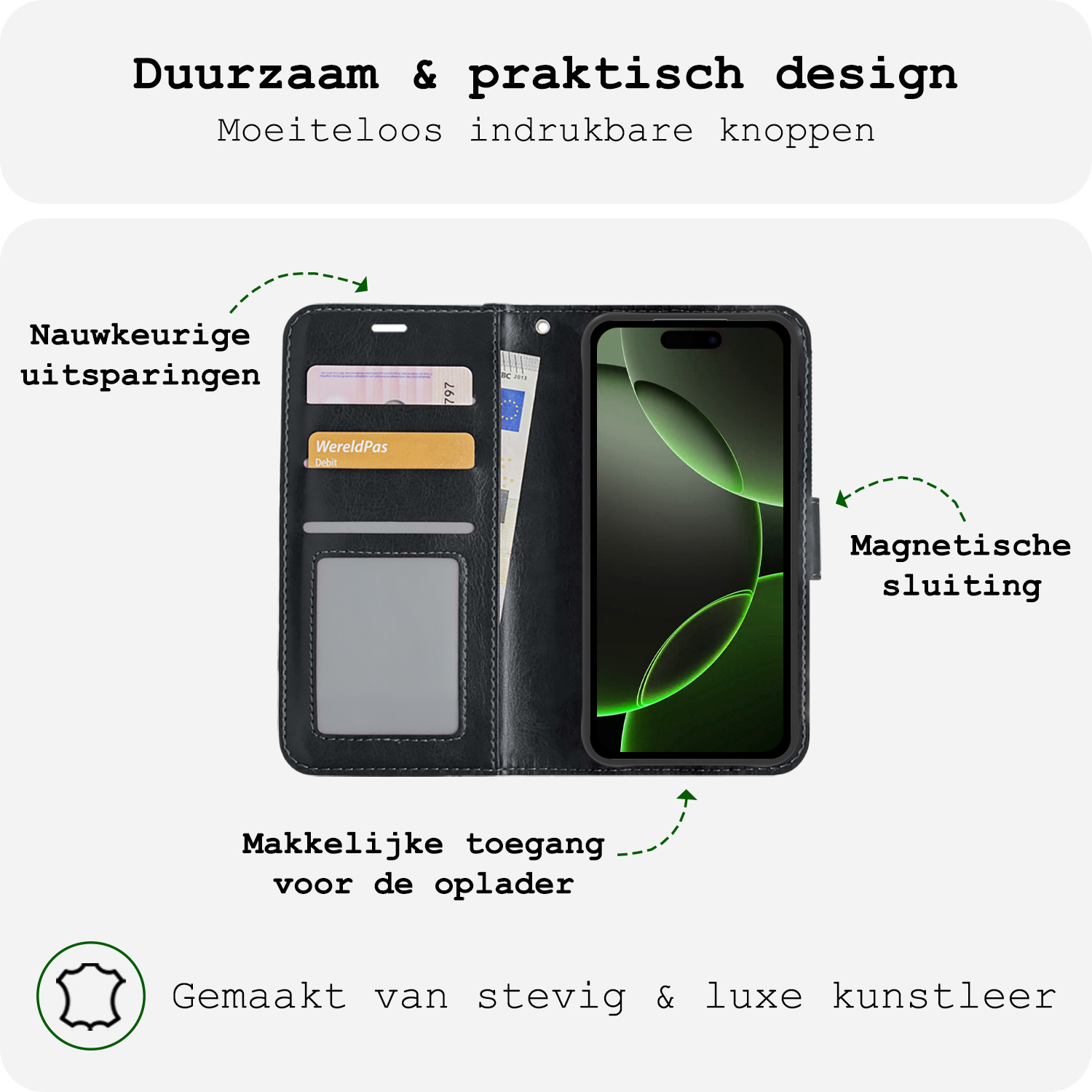 BASEY. Hoes Geschikt voor iPhone 16 Pro Max Hoesje Bookcase Hoes Flip Case Book Cover Met 2x Screenprotector - Hoesje Geschikt voor iPhone 16 Pro Max Hoes Book Case Hoesje - Zwart