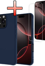 NoXx Hoes Geschikt voor iPhone 16 Pro Hoesje Cover Siliconen Back Case Hoes Met Screenprotector - Donkerblauw