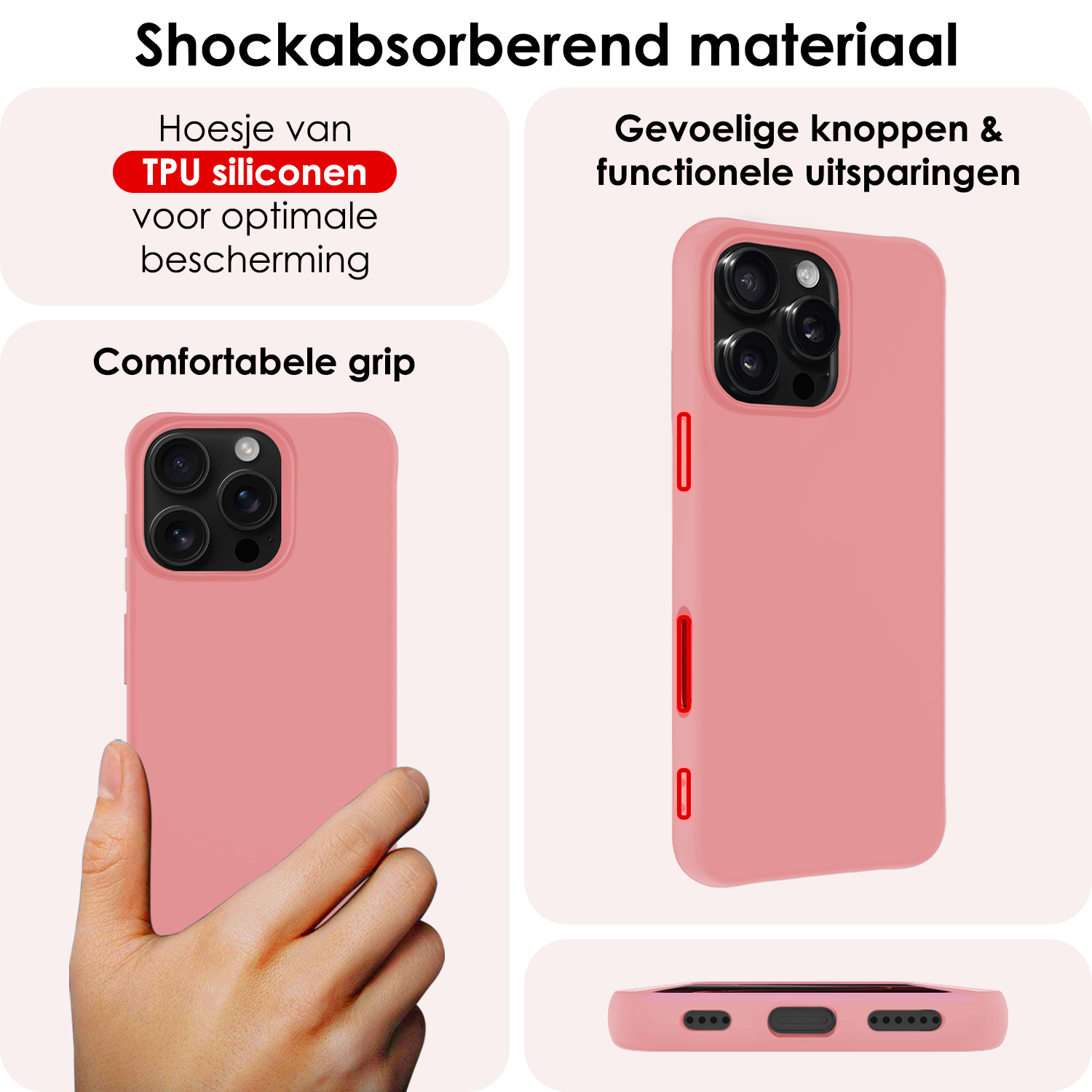 NoXx Hoes Geschikt voor iPhone 16 Pro Hoesje Cover Siliconen Back Case Hoes Met Screenprotector - Lichtroze