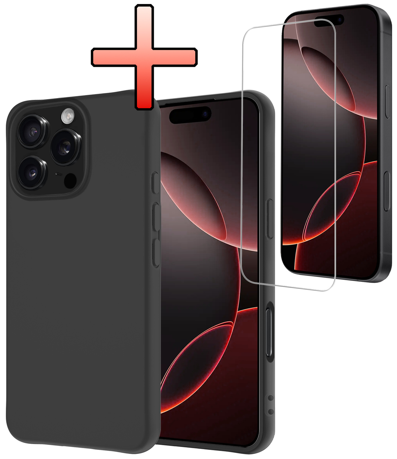 NoXx Hoes Geschikt voor iPhone 16 Pro Hoesje Cover Siliconen Back Case Hoes Met Screenprotector - Zwart