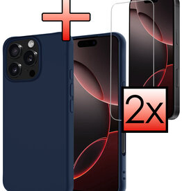 NoXx NoXx iPhone 16 Pro Hoesje Siliconen Met 2x Screenprotector Met Dichte Notch - Donkerblauw