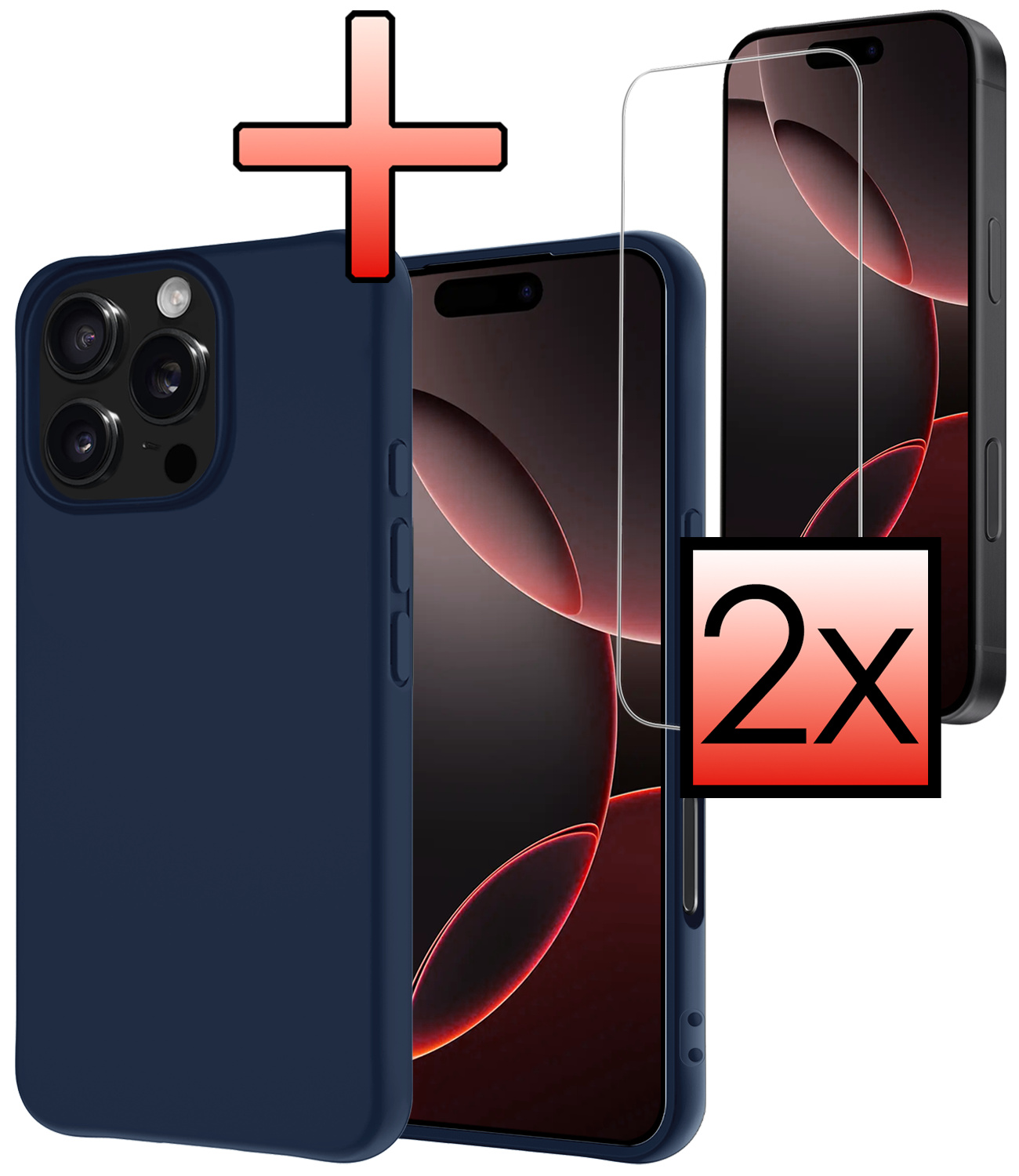 NoXx Hoes Geschikt voor iPhone 16 Pro Hoesje Cover Siliconen Back Case Hoes Met 2x Screenprotector - Donkerblauw